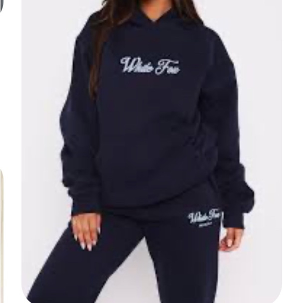 White Fox Boutique Navy Script Logo Hoodie